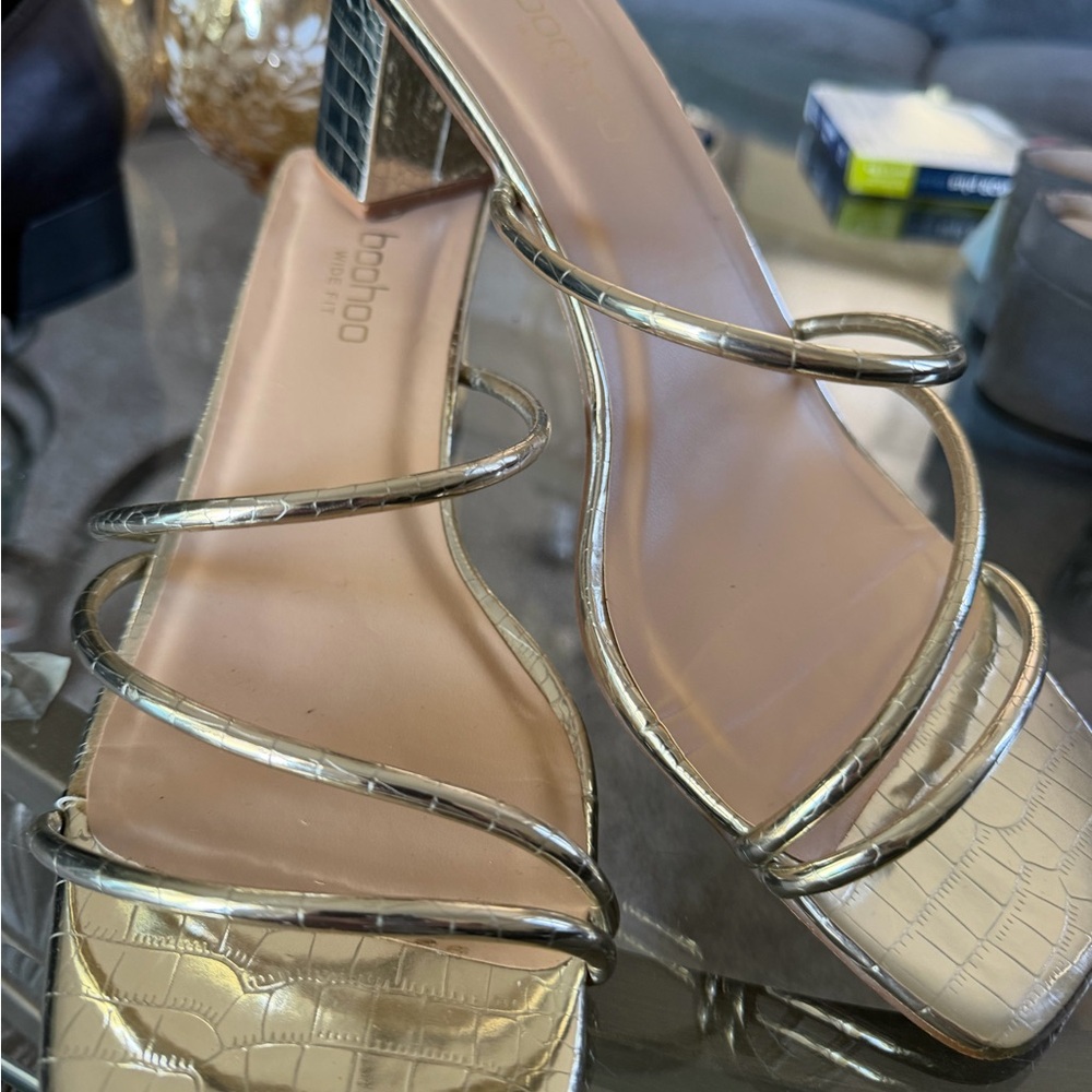 Boohoo Plus Metallic Gold Croc-Embossed Spiral Strap Block Heels